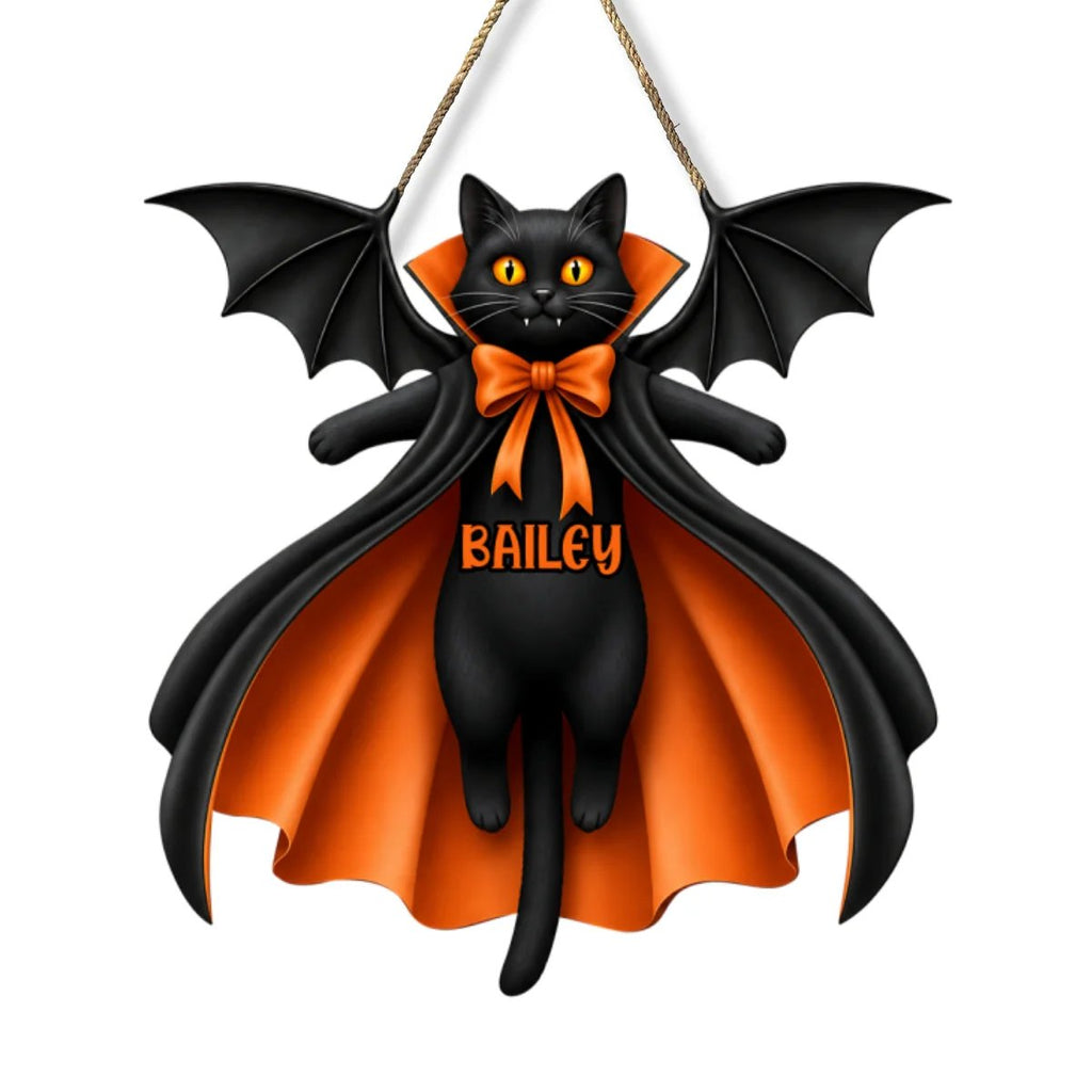 Halloween Cat Vampire - Personalized Wooden Door Sign - Gothic Decor for Cat Lovers