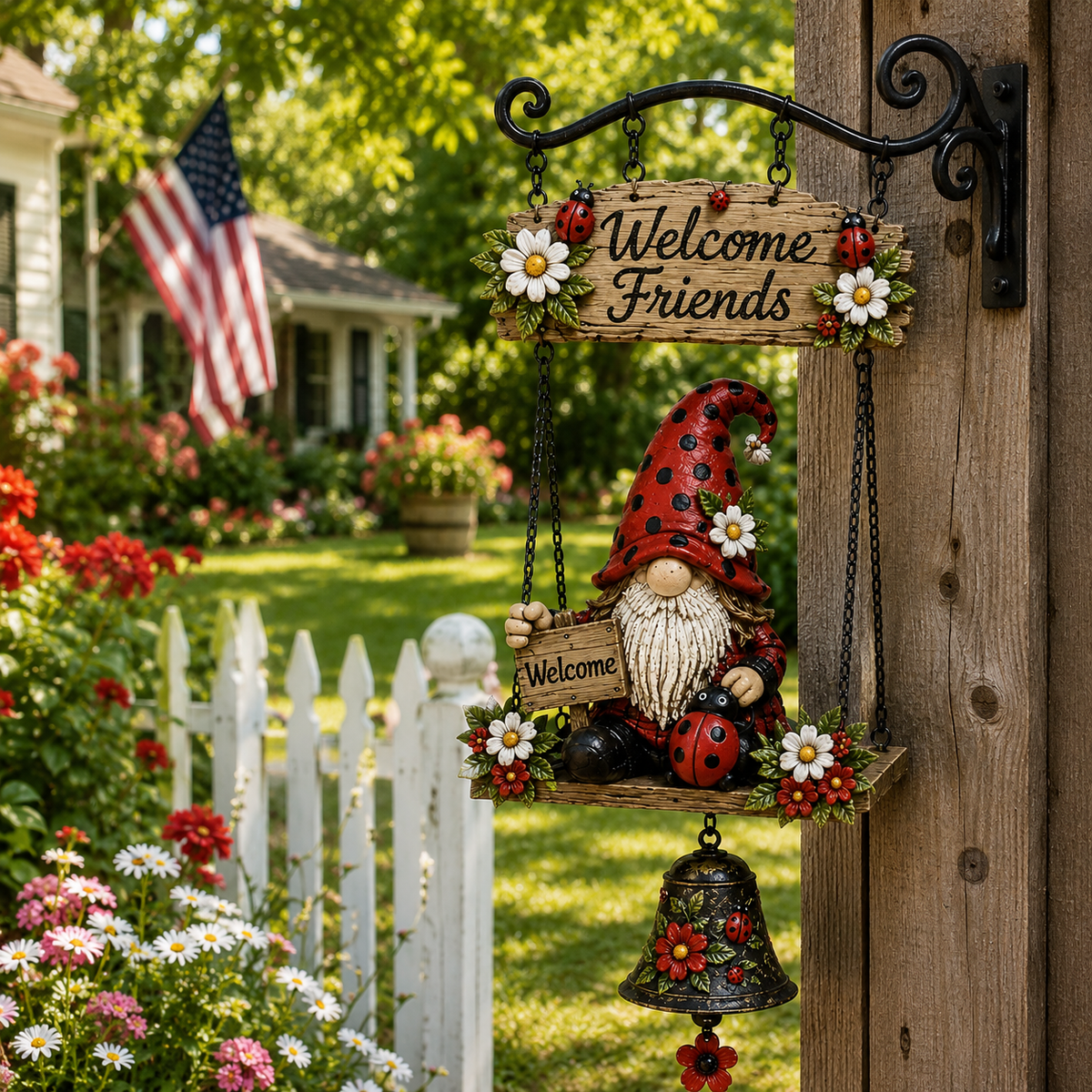 Ladybug Gnome Welcome Hanging Bell Decor – Rustic Porch & Garden Wall Ornament